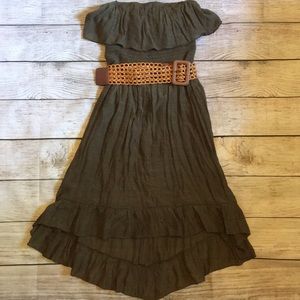 Strapless Olive Green Belted Dress